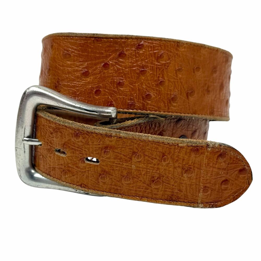 Vtg 90s Tony Lama Cognac Ostrich Leather Western Belt Silver Buckle USA 30 Read